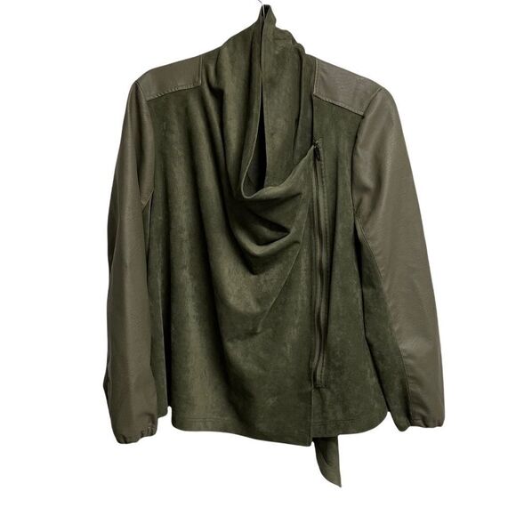(SOLD) DEX Faux Suede Faux Leather Asymmetrical Moto Jacket Olive Green 2X - Picture 2 of 7